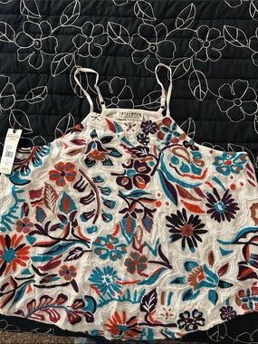 Idyllwind White Tank Top with Teal Orange Purple Floral Embroidery